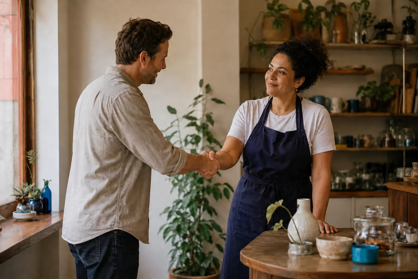 Atendimento presencial a um comerciante, dentro da loja