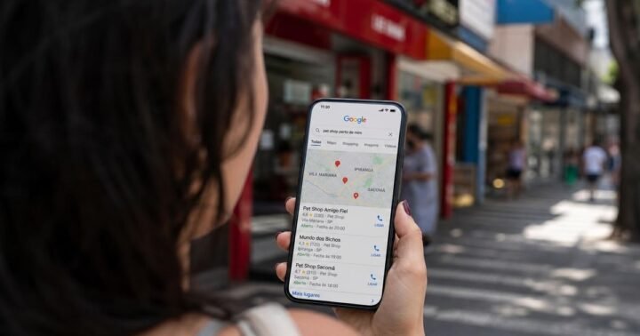 Por cima do ombro de uma mulher na calcada, o celular mostrando o resultado do Google para "pet shop perto de mim"