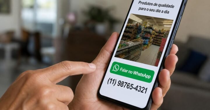 Celular mostrando a pagina simples de um negocio pequeno, com botao de WhatsApp e telefone visiveis