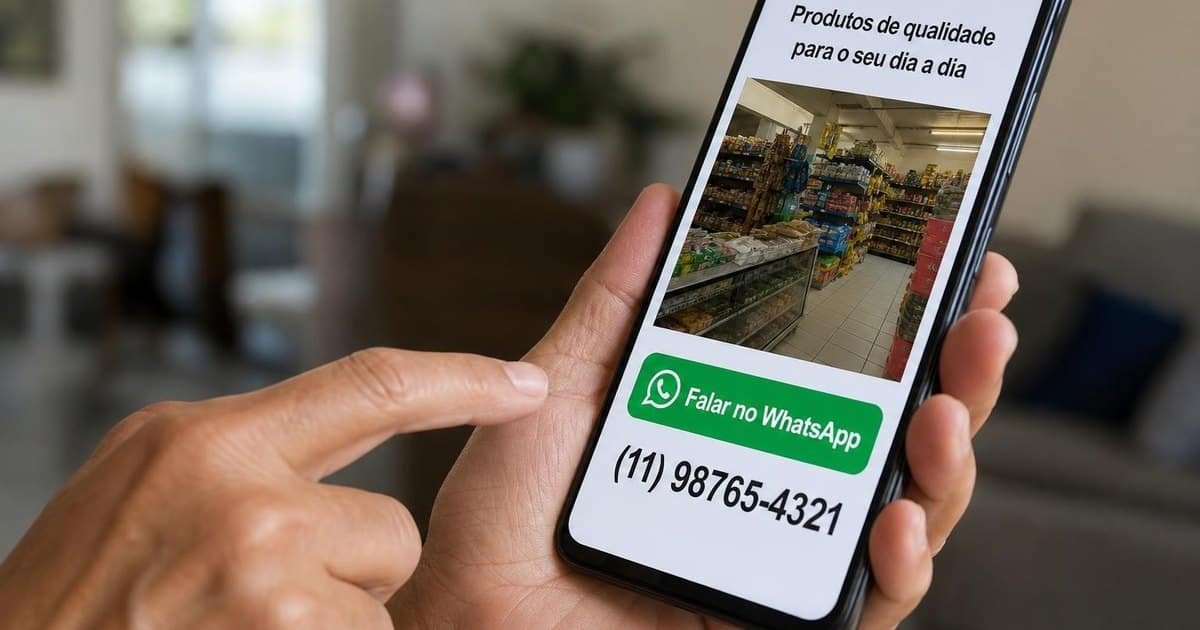 Celular mostrando a pagina simples de um negocio pequeno, com botao de WhatsApp e telefone visiveis