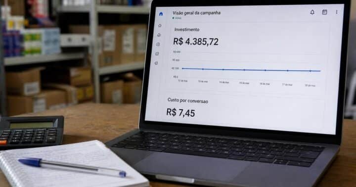 Notebook aberto na mesa dos fundos da loja mostrando o painel de campanha, com calculadora e caderno ao lado