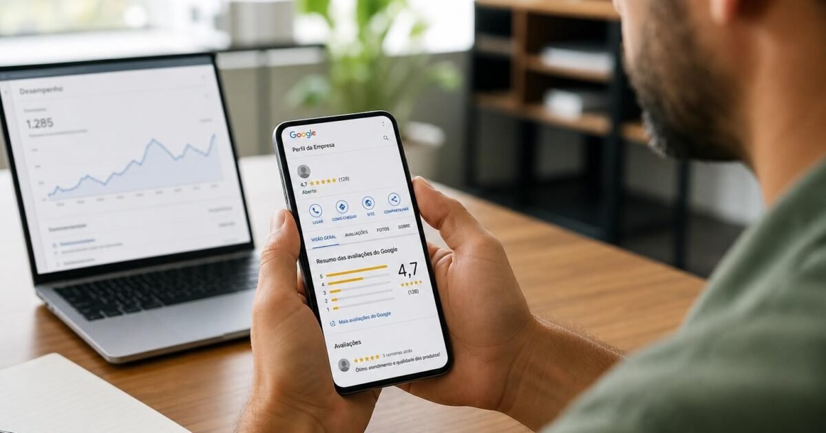 Dono de um pequeno comercio sentado ao balcao no fim do expediente, segurando o celular e lendo as avaliacoes da ficha da empresa no Google, expressao concentrada, luz natural da manha, loja real desfocada ao fundo