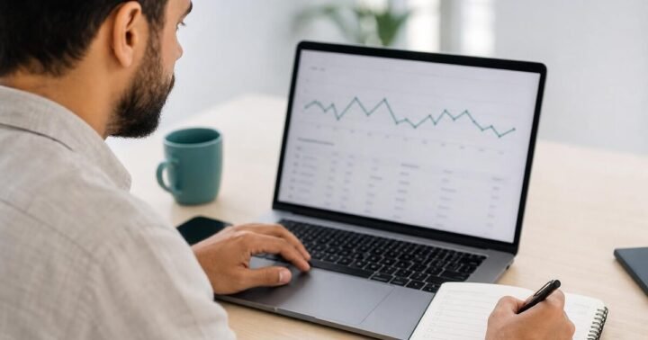 Dono de pequena empresa e consultora analisam no notebook uma página ausente dos resultados e uma planilha de prioridades de SEO.