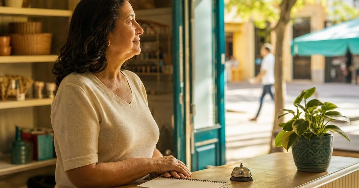 Dona de uma pequena loja de bairro em pé atrás do balcão, olhando pela porta aberta para a rua enquanto espera clientes.